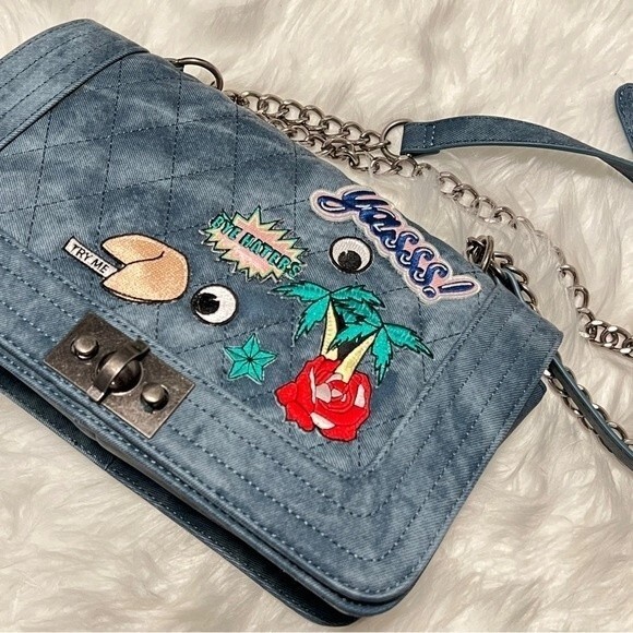 Steve Madden Vintage Denim Chain Bag with Patches Chanel Vibes - Picture 2 of 13